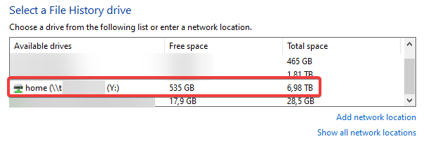 selecting your network drive in file history